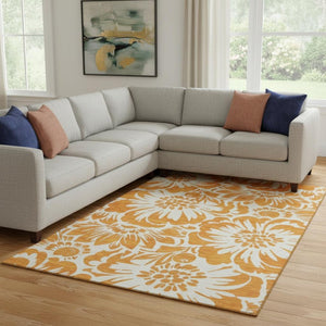 HomeRoots 10' X 14' Washable Orange and Ivory Floral Area Rug with UV Protection for Stylish Living Spaces 648676