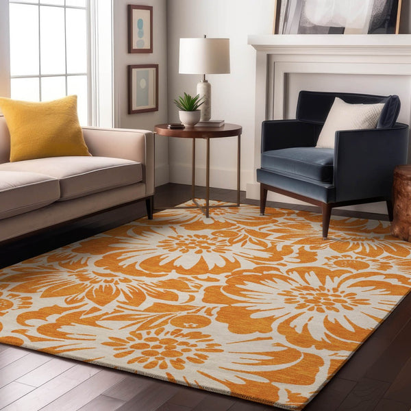 HomeRoots 10' X 14' Washable Orange and Ivory Floral Area Rug with UV Protection for Stylish Living Spaces 648676