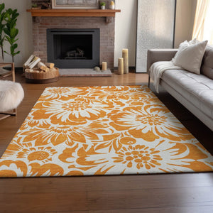 HomeRoots 10' X 14' Washable Orange and Ivory Floral Area Rug with UV Protection for Stylish Living Spaces 648676