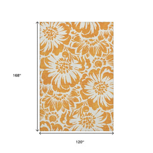 HomeRoots 10' X 14' Washable Orange and Ivory Floral Area Rug with UV Protection for Stylish Living Spaces 648676