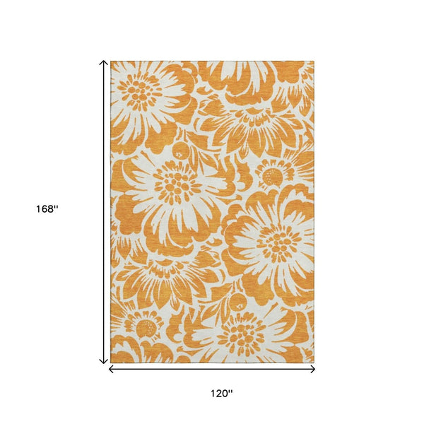 HomeRoots 10' X 14' Washable Orange and Ivory Floral Area Rug with UV Protection for Stylish Living Spaces 648676