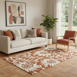 HomeRoots 5' X 8' Elegant Rust and Ivory Floral Area Rug – Washable, Stain-Resistant, UV Protected for Homes 648678