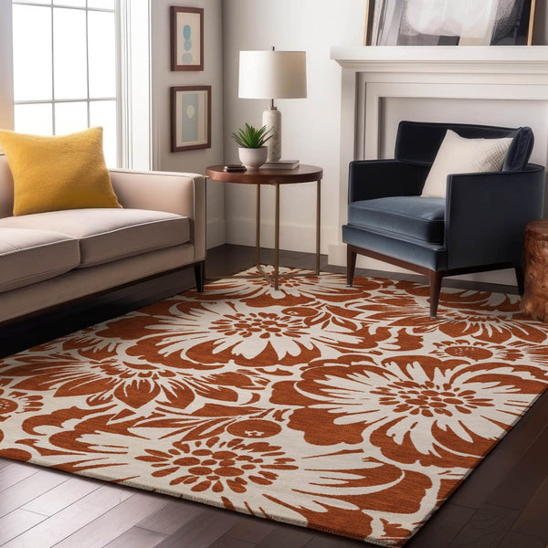 HomeRoots 5' X 8' Elegant Rust and Ivory Floral Area Rug – Washable, Stain-Resistant, UV Protected for Homes 648678