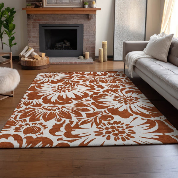 HomeRoots 5' X 8' Elegant Rust and Ivory Floral Area Rug – Washable, Stain-Resistant, UV Protected for Homes 648678