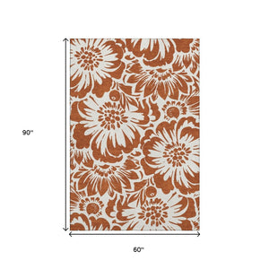 HomeRoots 5' X 8' Elegant Rust and Ivory Floral Area Rug – Washable, Stain-Resistant, UV Protected for Homes 648678
