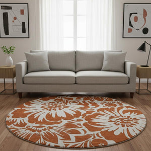 HomeRoots 8' Washable Round Rug with Timeless Rust & Ivory Floral Design, UV Protection & Stain Resistance 648679