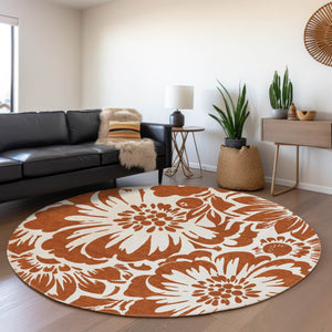 HomeRoots 8' Washable Round Rug with Timeless Rust & Ivory Floral Design, UV Protection & Stain Resistance 648679
