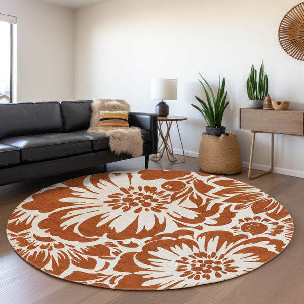 HomeRoots 8' Washable Round Rug with Timeless Rust & Ivory Floral Design, UV Protection & Stain Resistance 648679