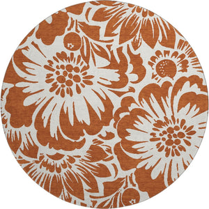 HomeRoots 8' Washable Round Rug with Timeless Rust & Ivory Floral Design, UV Protection & Stain Resistance 648679