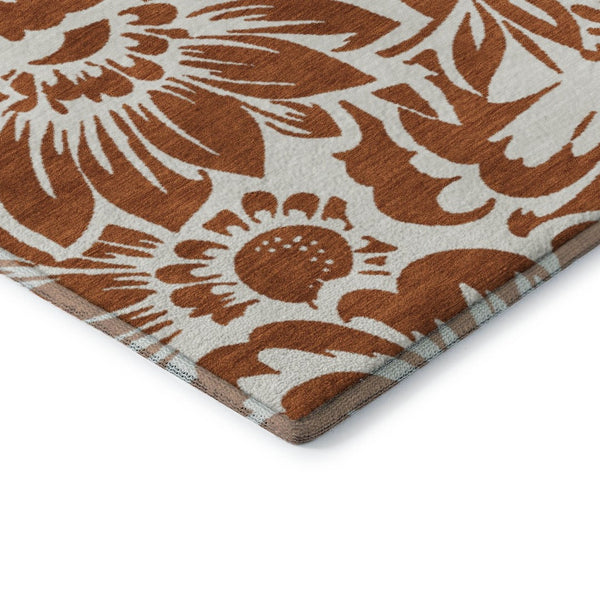 HomeRoots 8' Washable Round Rug with Timeless Rust & Ivory Floral Design, UV Protection & Stain Resistance 648679