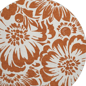HomeRoots 8' Washable Round Rug with Timeless Rust & Ivory Floral Design, UV Protection & Stain Resistance 648679