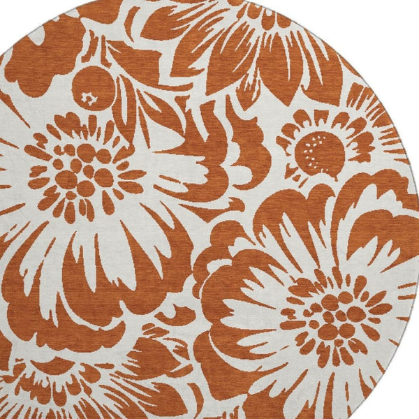 HomeRoots 8' Washable Round Rug with Timeless Rust & Ivory Floral Design, UV Protection & Stain Resistance 648679