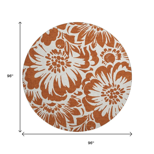 HomeRoots 8' Washable Round Rug with Timeless Rust & Ivory Floral Design, UV Protection & Stain Resistance 648679