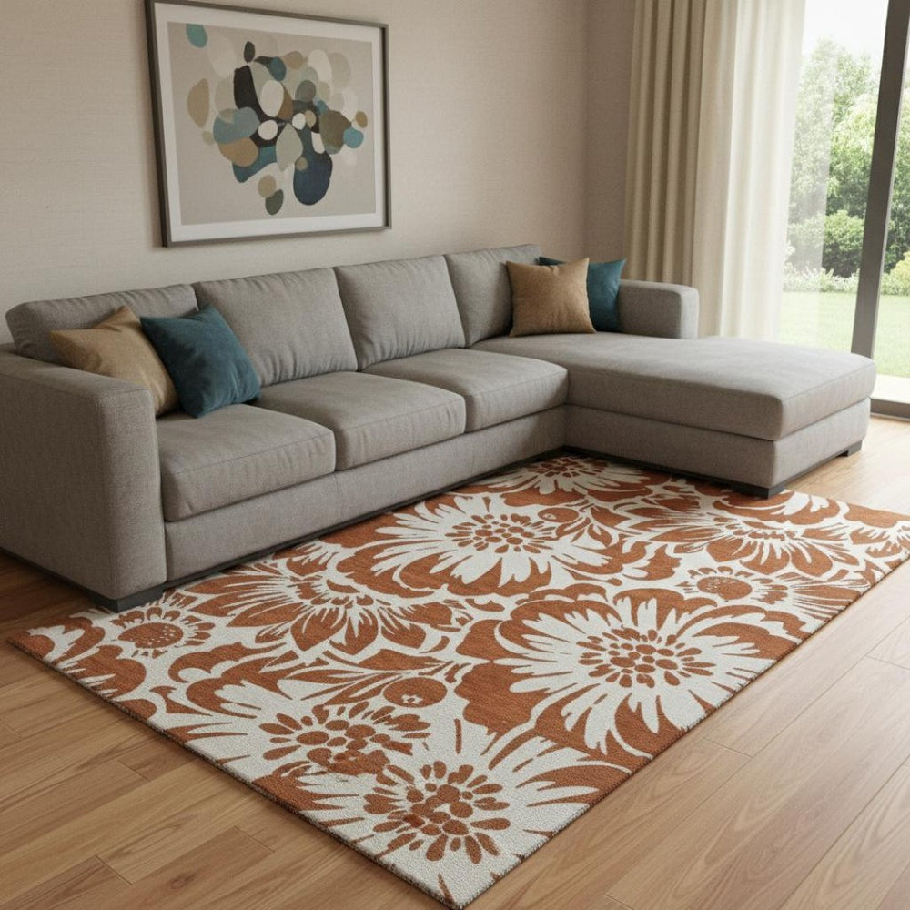 HomeRoots 8' X 10' Rust Floral Washable Area Rug with UV Protection – Durable, Stylish & Pet-Friendly Design 648680