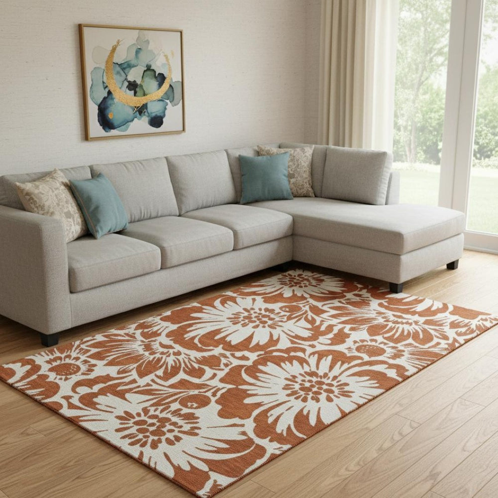 HomeRoots 10' X 14' Floral Washable Area Rug - Rust & Ivory, UV Protected, Durable & Perfect for High-Traffic Spaces 648682