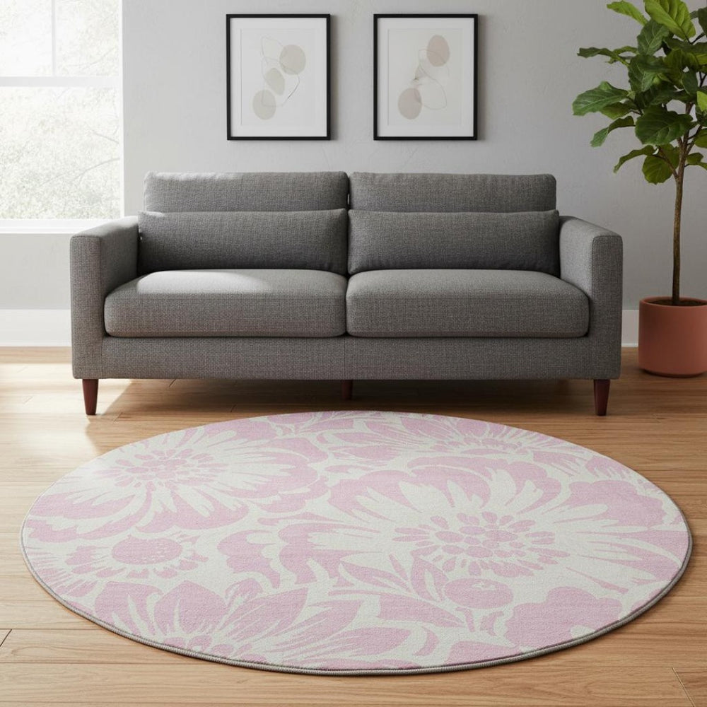 HomeRoots 8' Pink And Ivory Floral Washable Round Rug - Durable, UV-Protected, Stylish Accent for Any Room 648685