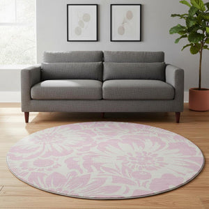 HomeRoots 8' Pink And Ivory Floral Washable Round Rug - Durable, UV-Protected, Stylish Accent for Any Room 648685