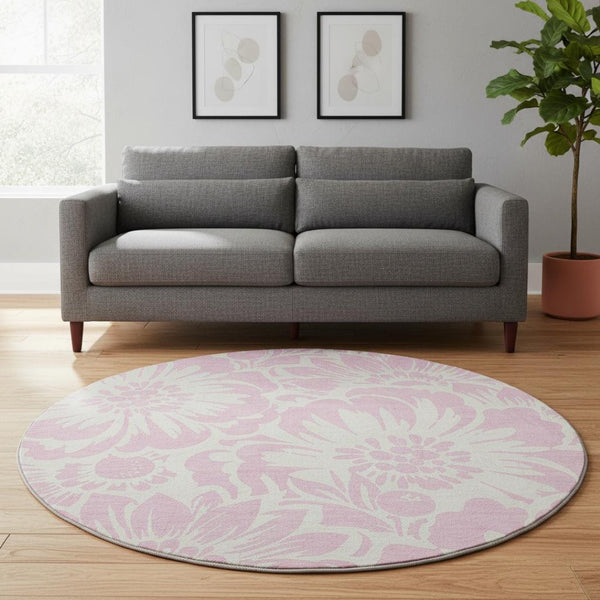 HomeRoots 8' Pink And Ivory Floral Washable Round Rug - Durable, UV-Protected, Stylish Accent for Any Room 648685