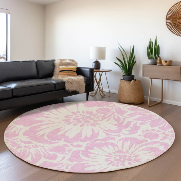 HomeRoots 8' Pink And Ivory Floral Washable Round Rug - Durable, UV-Protected, Stylish Accent for Any Room 648685