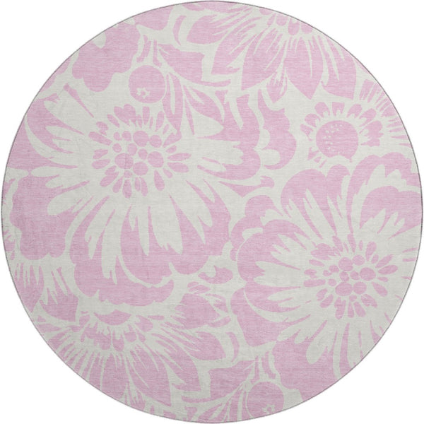 HomeRoots 8' Pink And Ivory Floral Washable Round Rug - Durable, UV-Protected, Stylish Accent for Any Room 648685