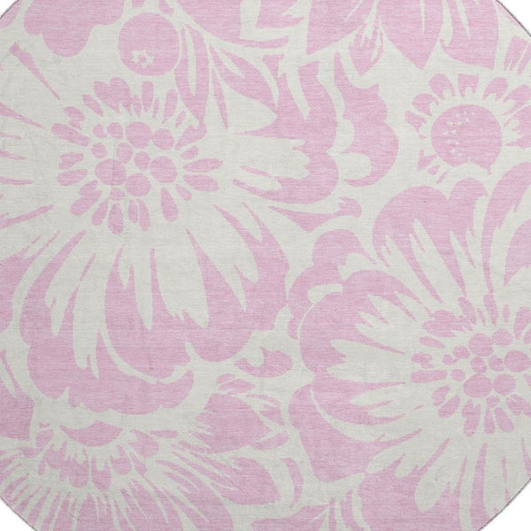 HomeRoots 8' Pink And Ivory Floral Washable Round Rug - Durable, UV-Protected, Stylish Accent for Any Room 648685