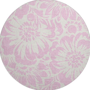 HomeRoots 8' Pink And Ivory Floral Washable Round Rug - Durable, UV-Protected, Stylish Accent for Any Room 648685