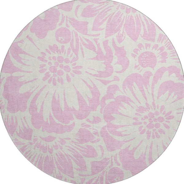 HomeRoots 8' Pink And Ivory Floral Washable Round Rug - Durable, UV-Protected, Stylish Accent for Any Room 648685