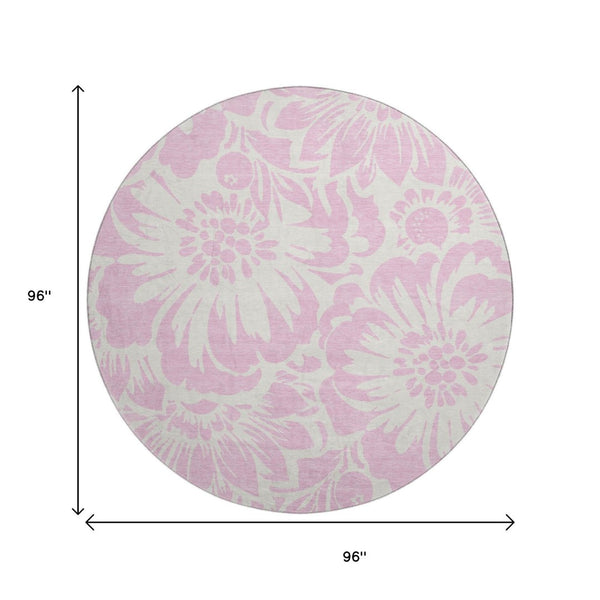 HomeRoots 8' Pink And Ivory Floral Washable Round Rug - Durable, UV-Protected, Stylish Accent for Any Room 648685