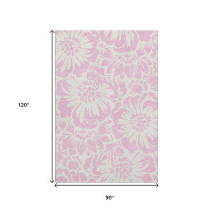 HomeRoots 8' X 10' Pink And Ivory Floral Area Rug - Durable, Washable, Stain Resistant with UV Protection! 648686