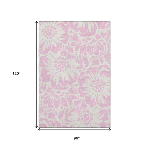HomeRoots 8' X 10' Pink And Ivory Floral Area Rug - Durable, Washable, Stain Resistant with UV Protection! 648686
