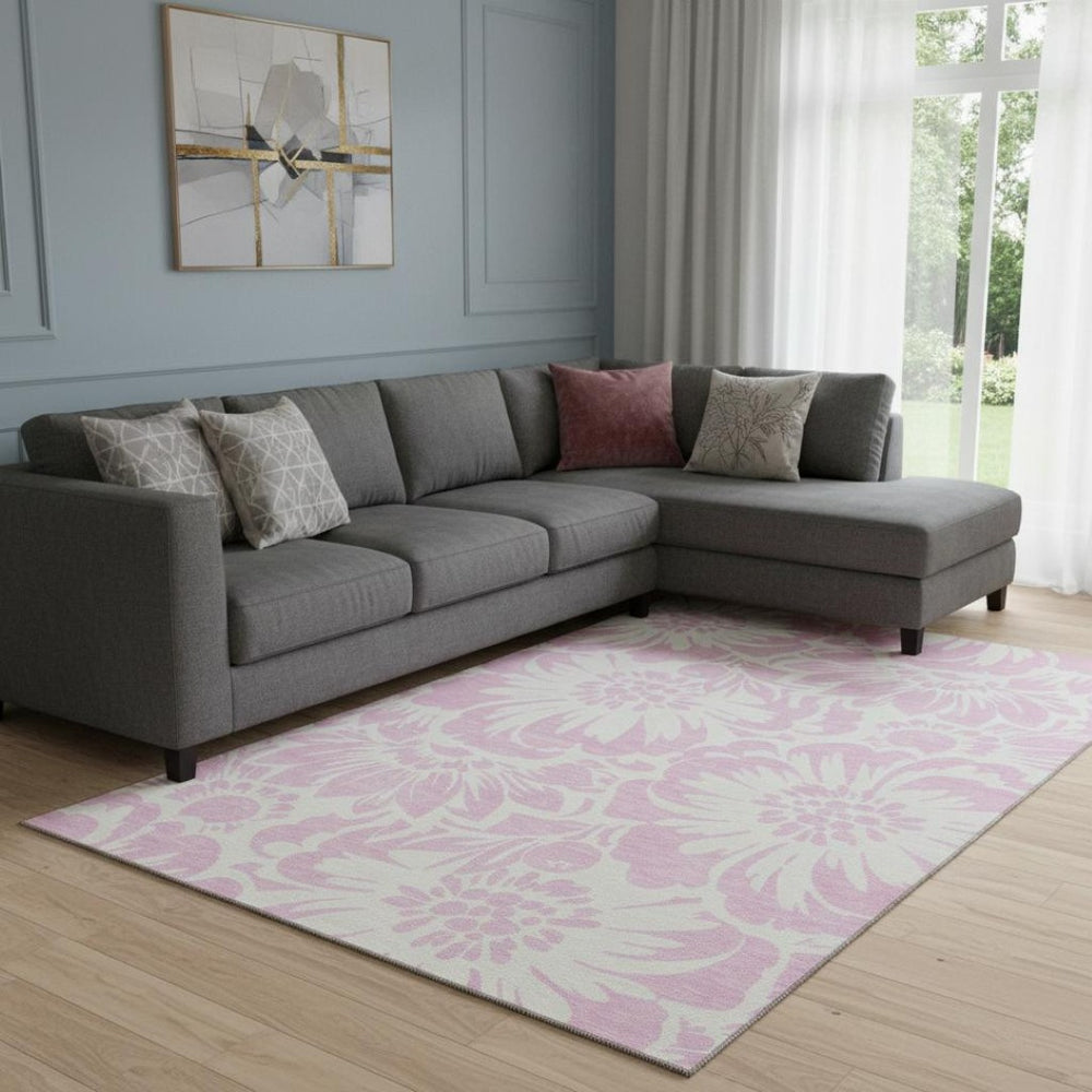 HomeRoots 8' X 10' Pink And Ivory Floral Area Rug - Durable, Washable, Stain Resistant with UV Protection! 648686