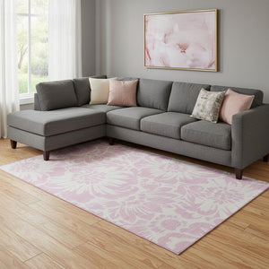HomeRoots 9' X 12' Pink and Ivory Floral Area Rug – Washable, UV Protected, Stain Resistant for High-Traffic Rooms 648687