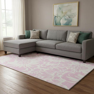 HomeRoots 10' Pink and Ivory Floral Area Rug - Washable, UV Protected, Soft & Stain Resistant for Home Decor 648688
