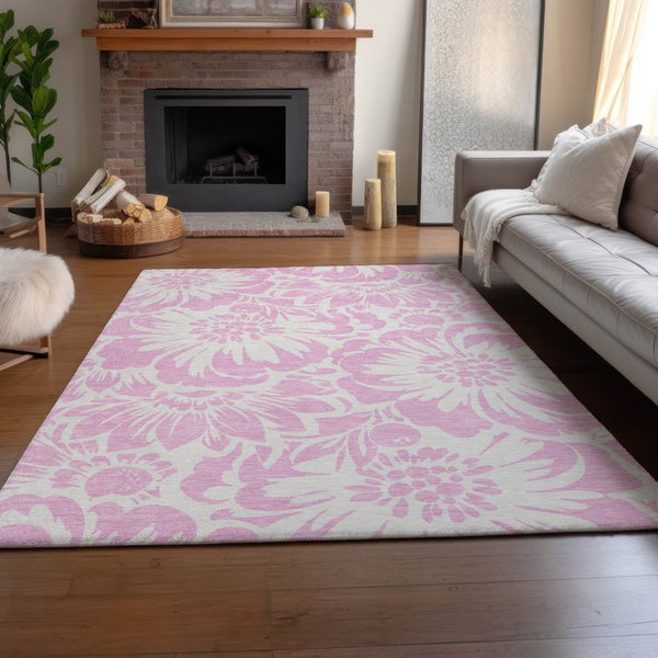 HomeRoots 10' Pink and Ivory Floral Area Rug - Washable, UV Protected, Soft & Stain Resistant for Home Decor 648688