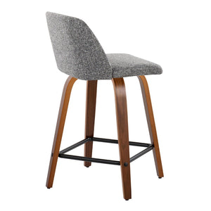 English Elm Toriano 24" Set Of 2 Mid-Century Modern Swivel Counter Stools In Walnut Wood & Grey Fabric Comfort B202S00122-GIGA