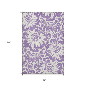 HomeRoots 5' X 8' Purple and Ivory Floral Area Rug - Washable, Stain Resistant, UV Protected for Busy Homes 648690