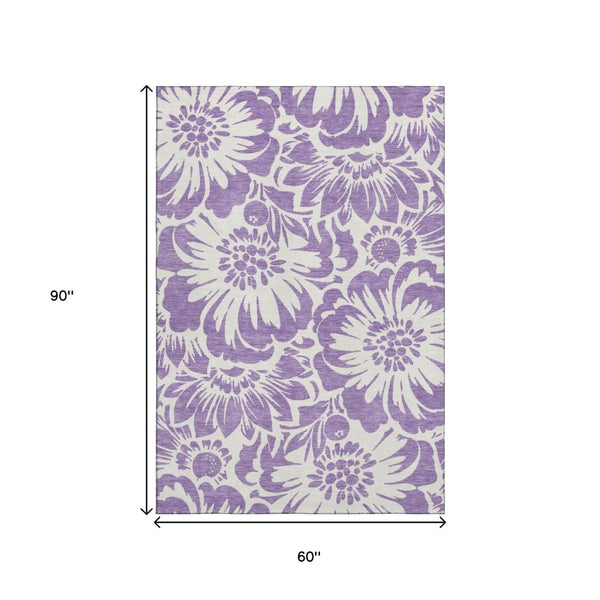 HomeRoots 5' X 8' Purple and Ivory Floral Area Rug - Washable, Stain Resistant, UV Protected for Busy Homes 648690