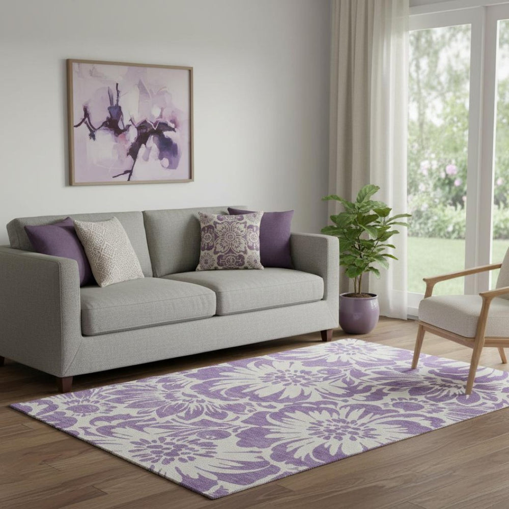 HomeRoots 5' X 8' Purple and Ivory Floral Area Rug - Washable, Stain Resistant, UV Protected for Busy Homes 648690
