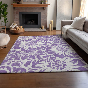 HomeRoots 5' X 8' Purple and Ivory Floral Area Rug - Washable, Stain Resistant, UV Protected for Busy Homes 648690