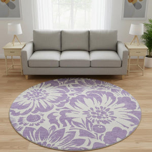 HomeRoots 8' Purple And Ivory Floral Round Rug - Washable, UV Protected, Stylish and Durable for Any Room 648691