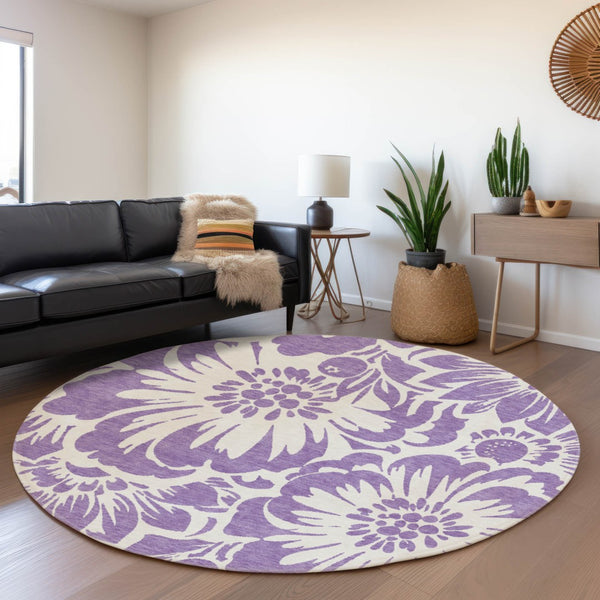 HomeRoots 8' Purple And Ivory Floral Round Rug - Washable, UV Protected, Stylish and Durable for Any Room 648691
