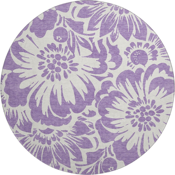 HomeRoots 8' Purple And Ivory Floral Round Rug - Washable, UV Protected, Stylish and Durable for Any Room 648691