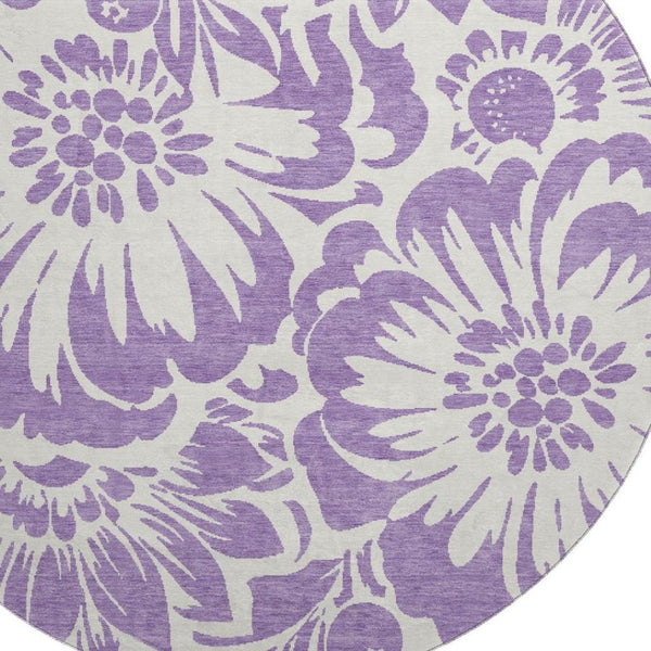 HomeRoots 8' Purple And Ivory Floral Round Rug - Washable, UV Protected, Stylish and Durable for Any Room 648691