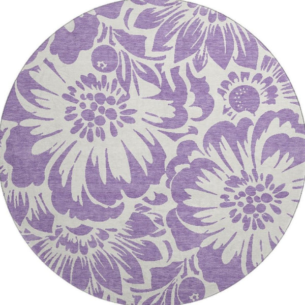 HomeRoots 8' Purple And Ivory Floral Round Rug - Washable, UV Protected, Stylish and Durable for Any Room 648691