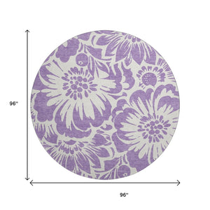 HomeRoots 8' Purple And Ivory Floral Round Rug - Washable, UV Protected, Stylish and Durable for Any Room 648691