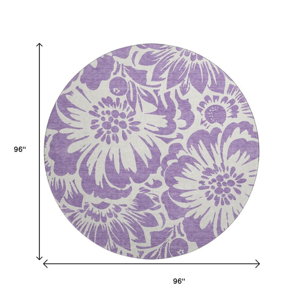HomeRoots 8' Purple And Ivory Floral Round Rug - Washable, UV Protected, Stylish and Durable for Any Room 648691