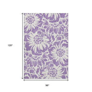 HomeRoots 8' X 10' Floral Washable Area Rug – Elegant Purple & Ivory Design with UV Protection for Homes 648692