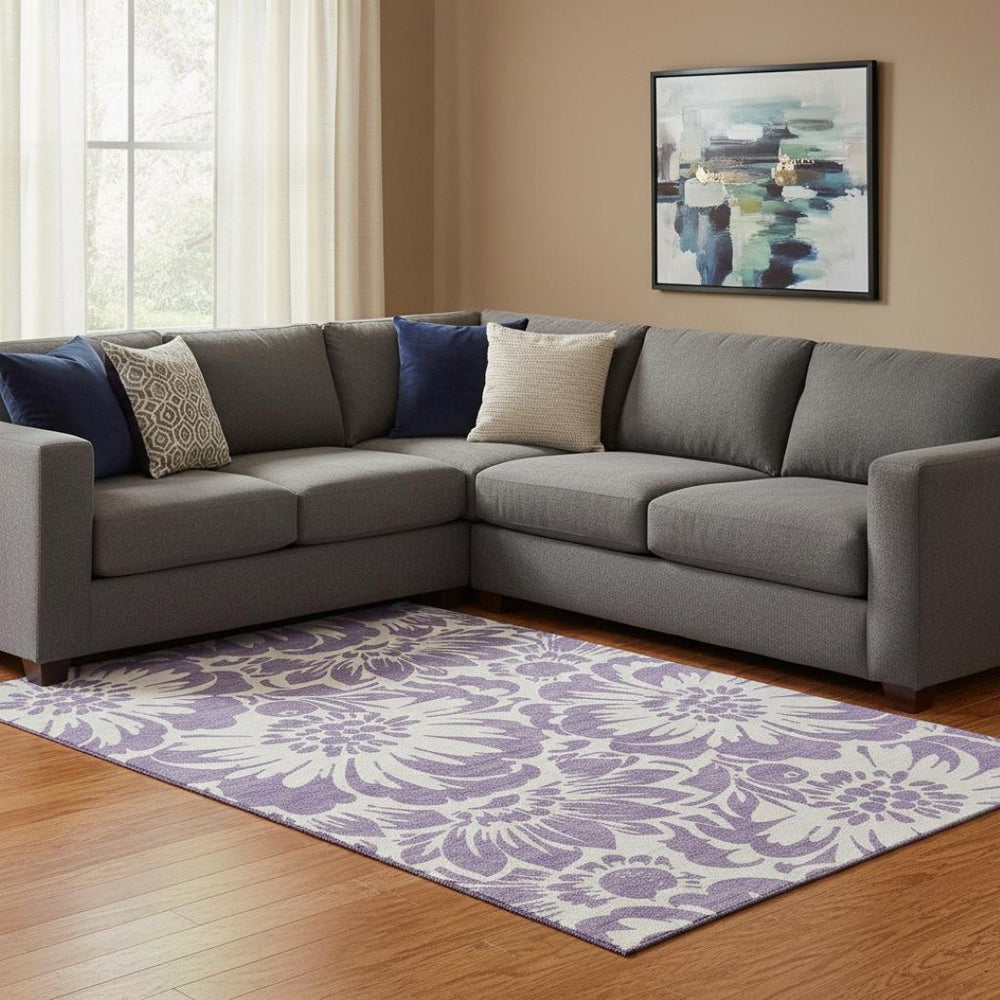 HomeRoots 8' X 10' Floral Washable Area Rug – Elegant Purple & Ivory Design with UV Protection for Homes 648692