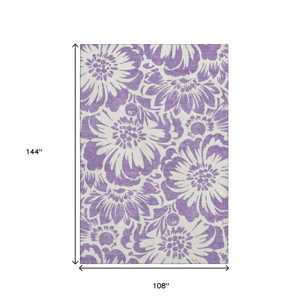 HomeRoots 9' X 12' Vibrant Purple and Ivory Floral Area Rug - Washable, UV Protected, Stain Resistant Design 648693