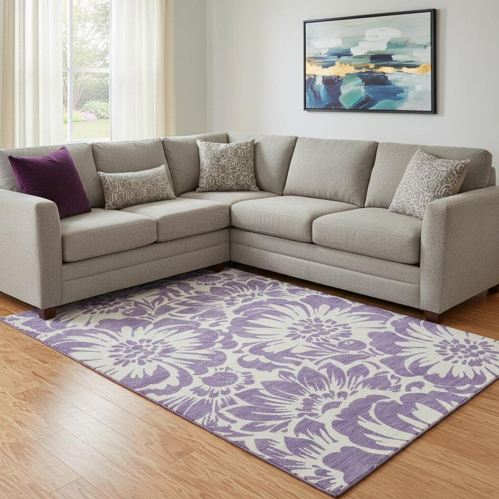 HomeRoots 9' X 12' Vibrant Purple and Ivory Floral Area Rug - Washable, UV Protected, Stain Resistant Design 648693